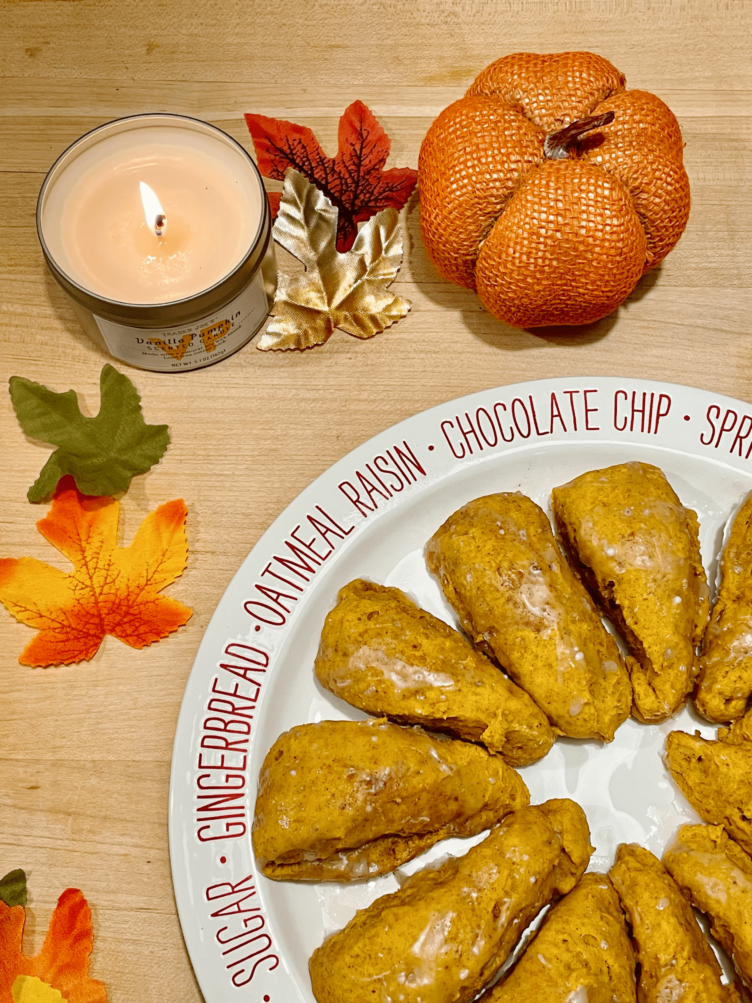 Easy Pumpkin Scones Fall Flatlay Scene Pumpkin Vanilla Trader Joe's Candle