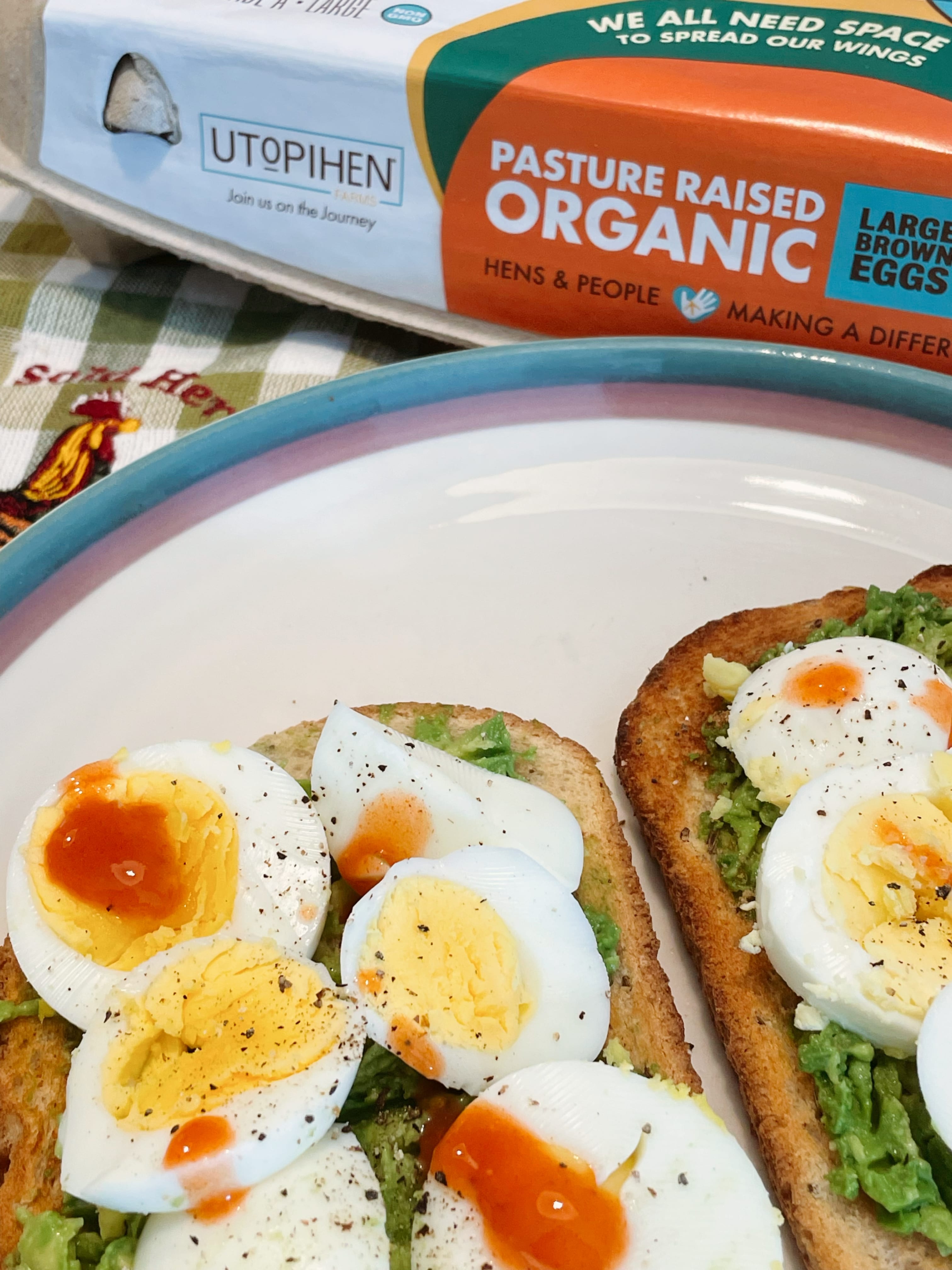 Avocado Toast with Hard-Boiled Egg Hot Sauce Utopihen Pasture Raised Organic Large Eggs