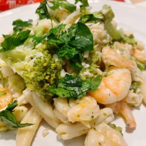 closeup of cavatelli shrimp broccoli olive oil garlic sauce